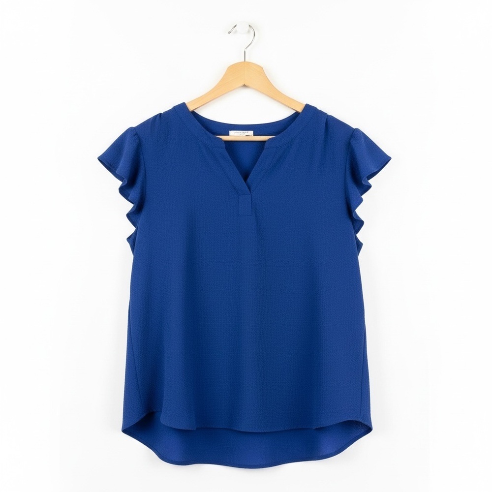 Andrée by Unit Royal Blue Flutter Sleeve Blouse 1X Texture V-Neck Top Plus Size